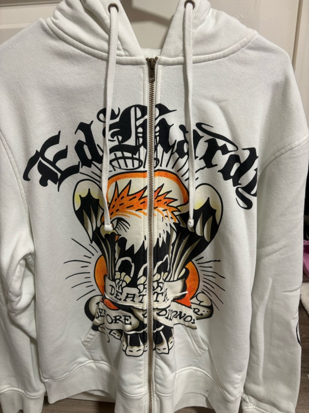 Ed Hardy White Zip-Up Hoodie with Black & Orange Skull Design